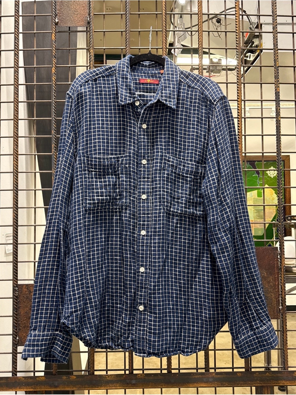 7 For All Mankind Navy Blue Windowpane Plaid Button-Down Shirt